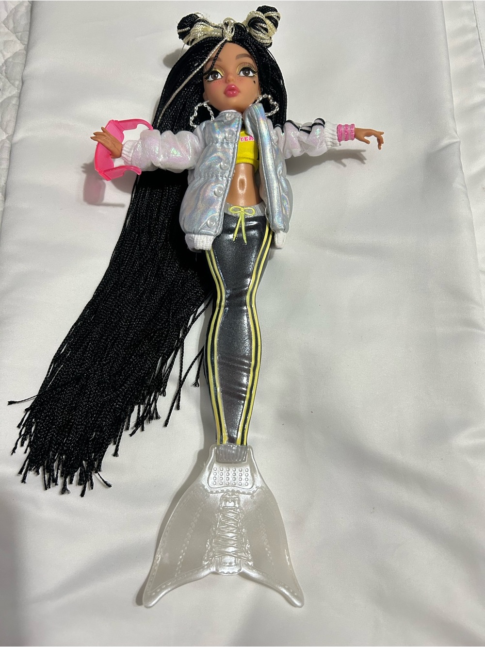 Black-Haired Mermaid Doll with Silver Jacket and Yellow Accents